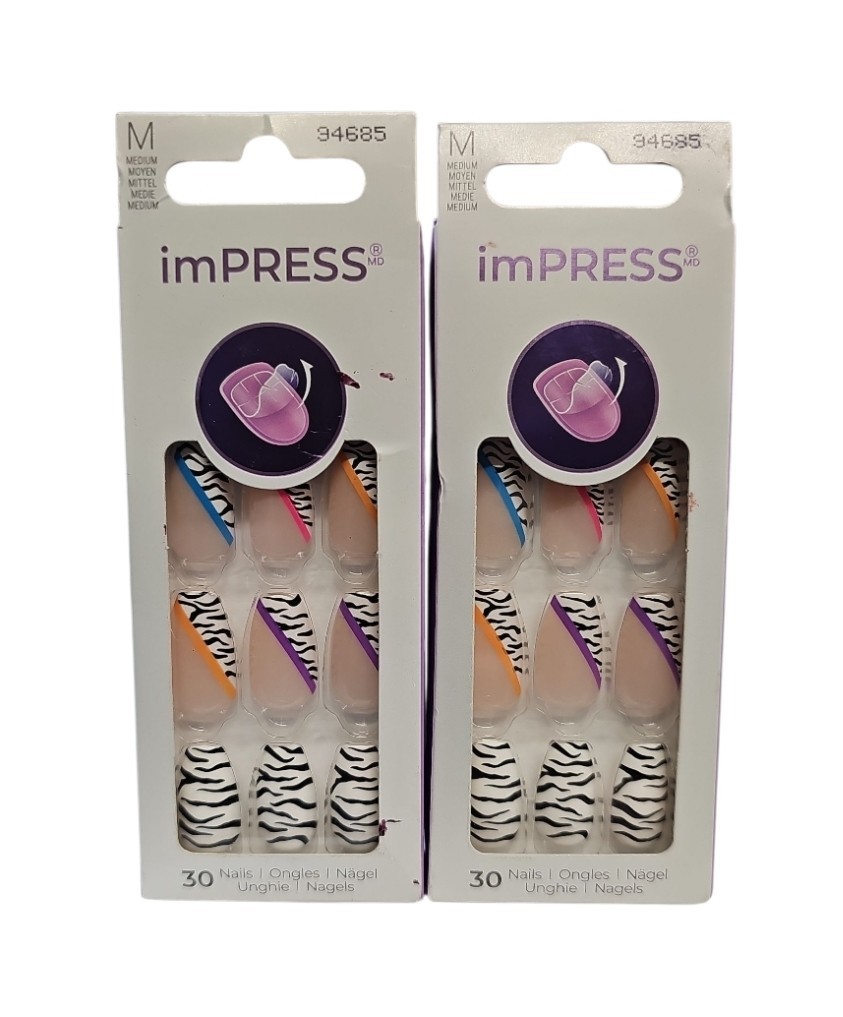 2 Pack KISS imPRESS No Glue Needed Press On – Thriving (80’s Neon Zebra) 30ct ea