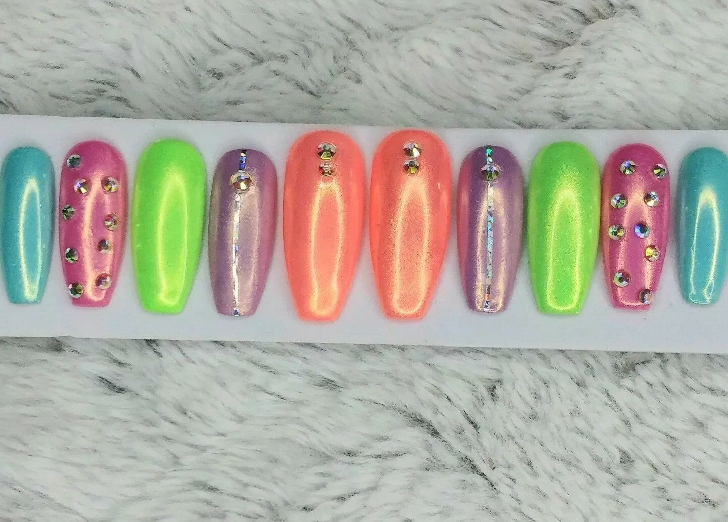 Colorful Rainbow bling gel press on nails crystal set w/ unicorn powder neon