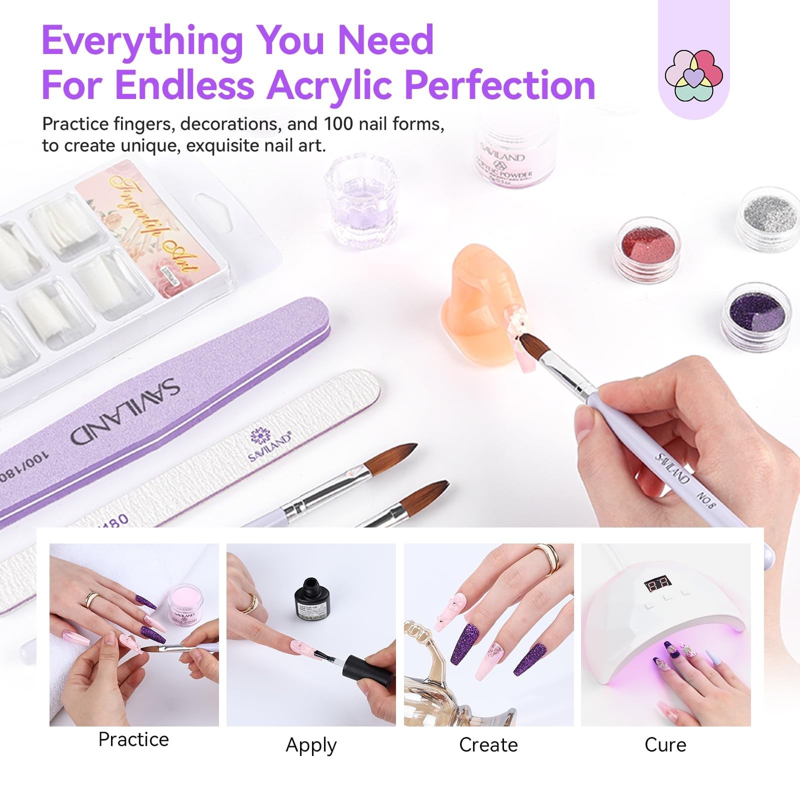 All-in-1 Acrylic Nail Kit with Drill & Nail Lamp | Beginner Set, Practice Finger