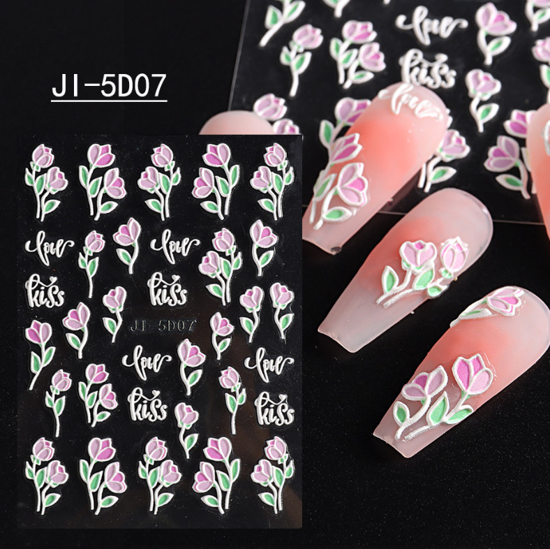 5D Nail Art Stickers Tulip Camellia Flowers Daisy Heart Decals Self-Adhesive DIY