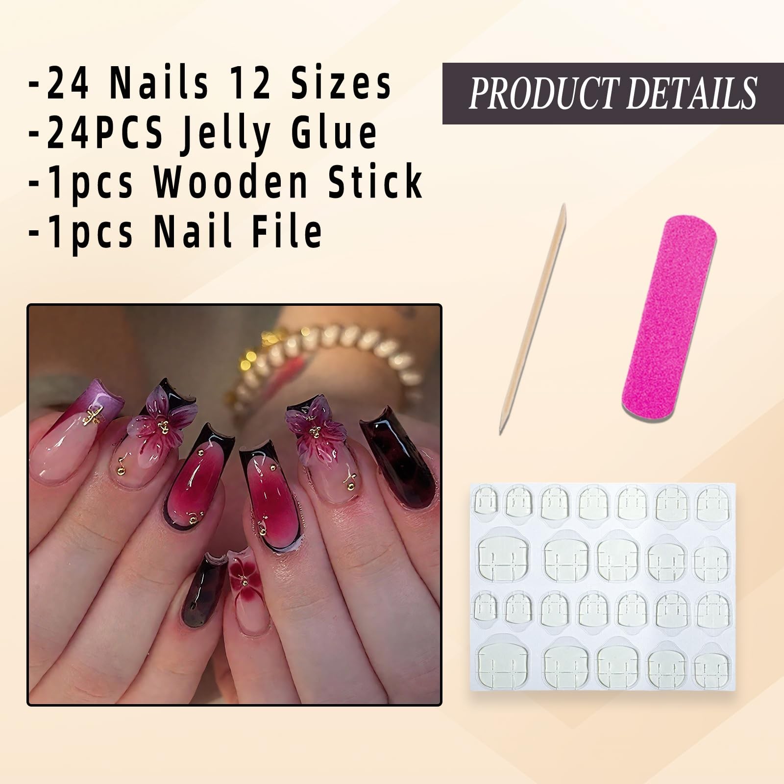 Jremg 3D Floral Press on Nails Medium Square Fake Square, Multicolor