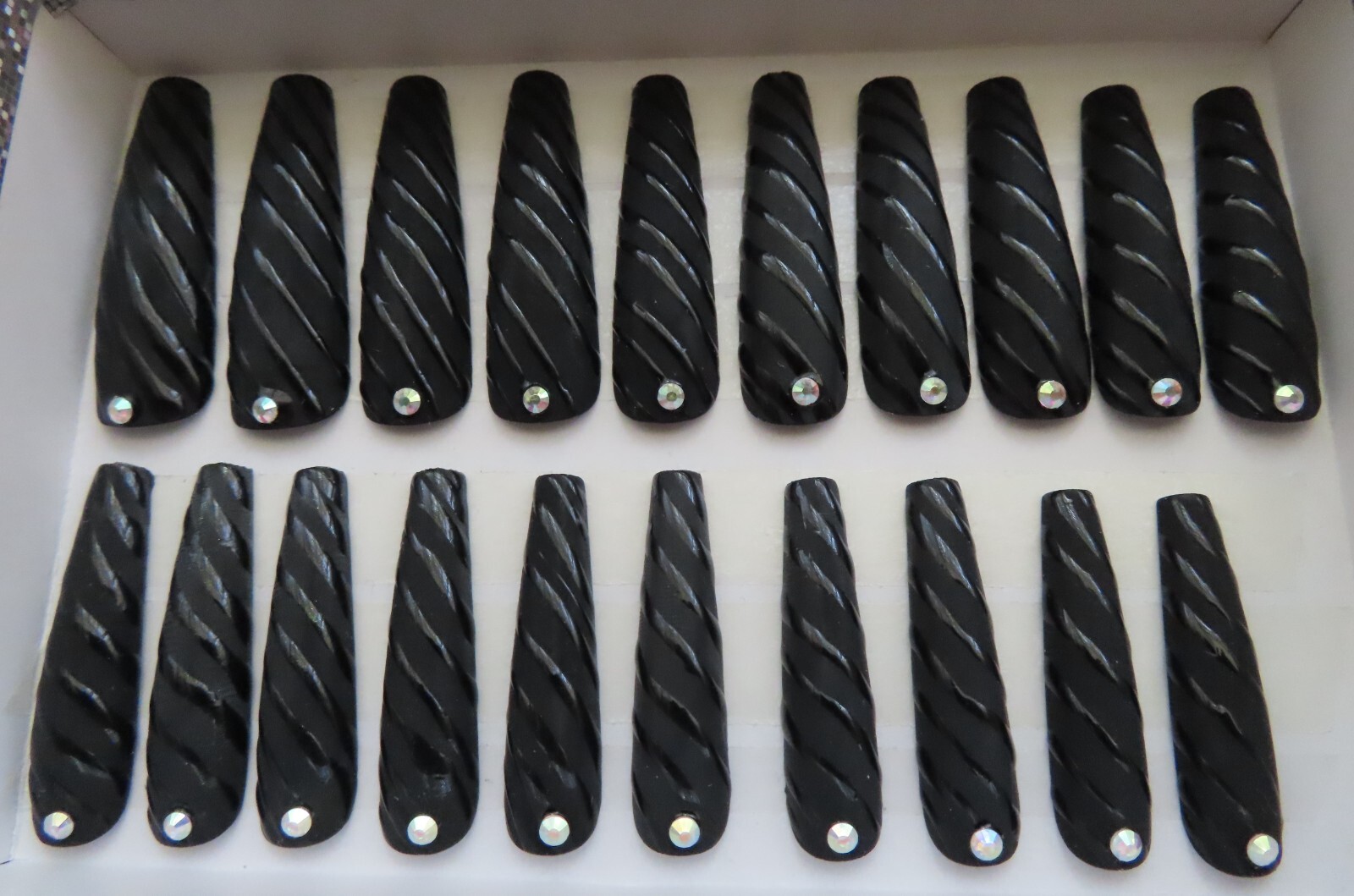 XL Black Matte Glossy Diagonal Stripe Lines Rhinestone Coffin Press On Nail