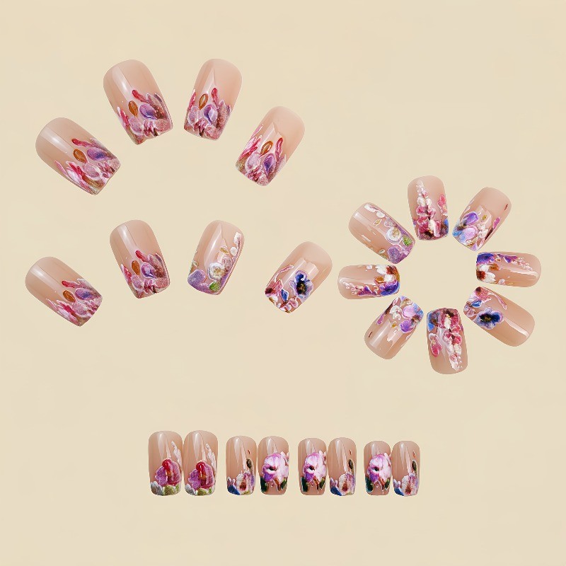 48Pcs-Clear Base Fake Nails Medium Square Vintage Watercolor Flower Daily Decor