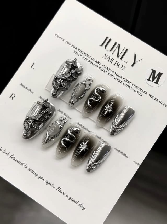 JUNLY 3D Artificial Nails Black/Silver Gothic Coffin Long Full Cover Set