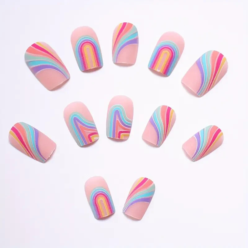 24pcs wearable nail products, new sweet and cool rainbow stripe pattern style