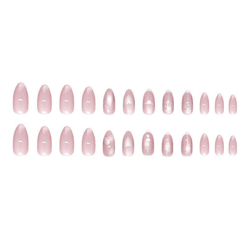 72Pcs-Pink Chrome Heart Bow French Almond Press on Nails Silver Sequins Fake Tip