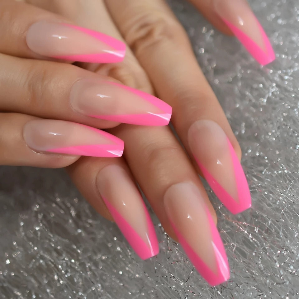 24 Press on Nails kit w Glue extra long Coffin nude hot pink neon