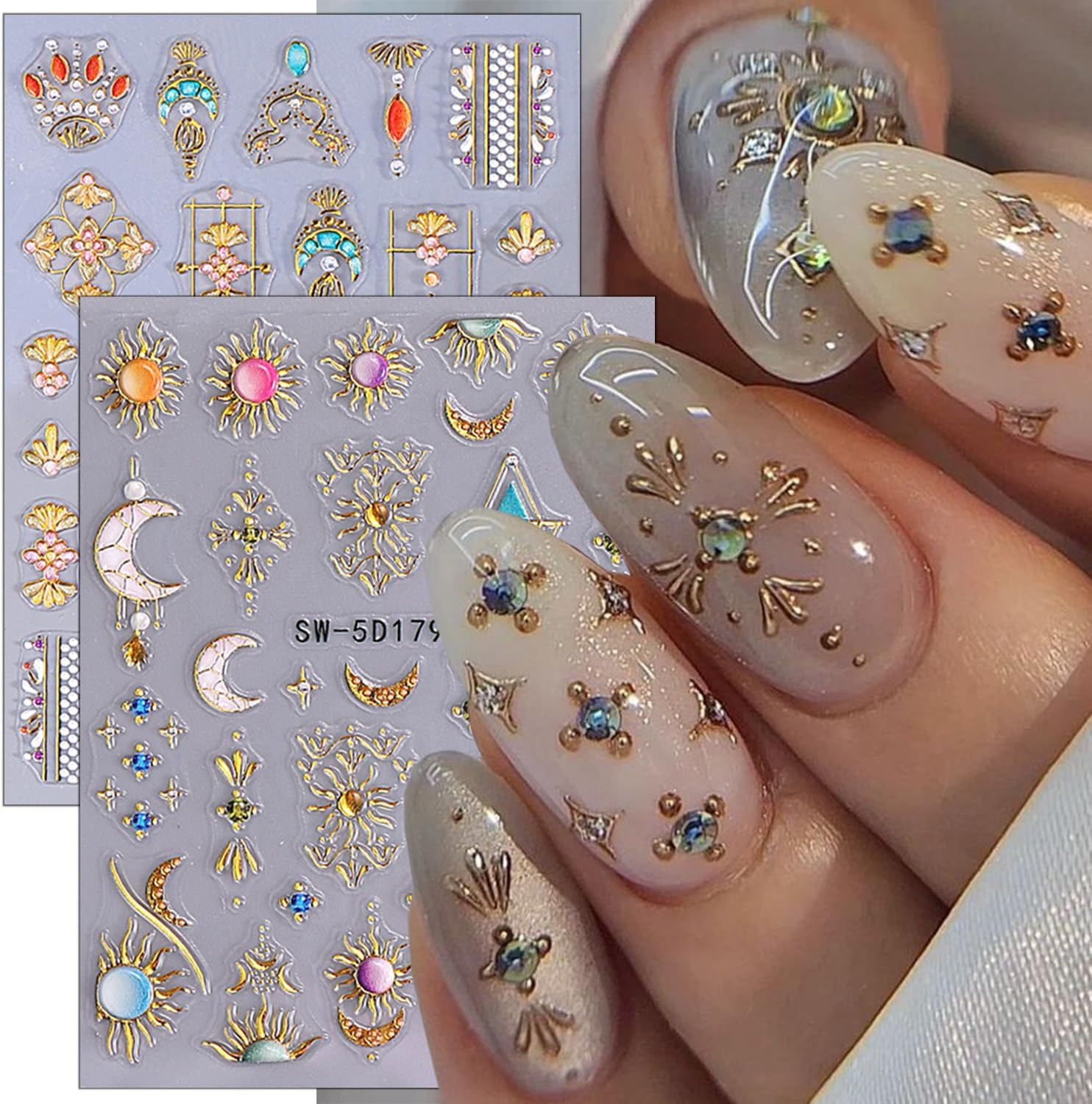 2 Sheets Bohemian Style Nail Decals Embossed Star Nail Art Stickers 5D Self-Adhe