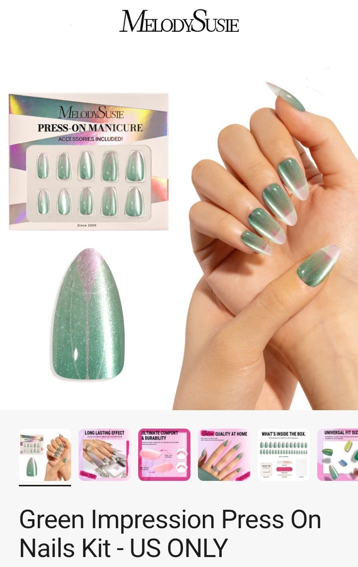 2x Melody Susie Nail Lot: Red Cats Eye Finish+ Green Deco Press On Kit