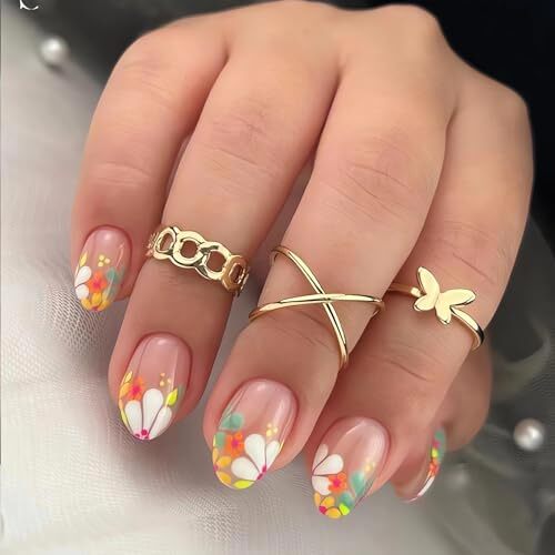 24 Pcs Short Oval Press on Nails Colorful Flower Fake Nails Short Floral