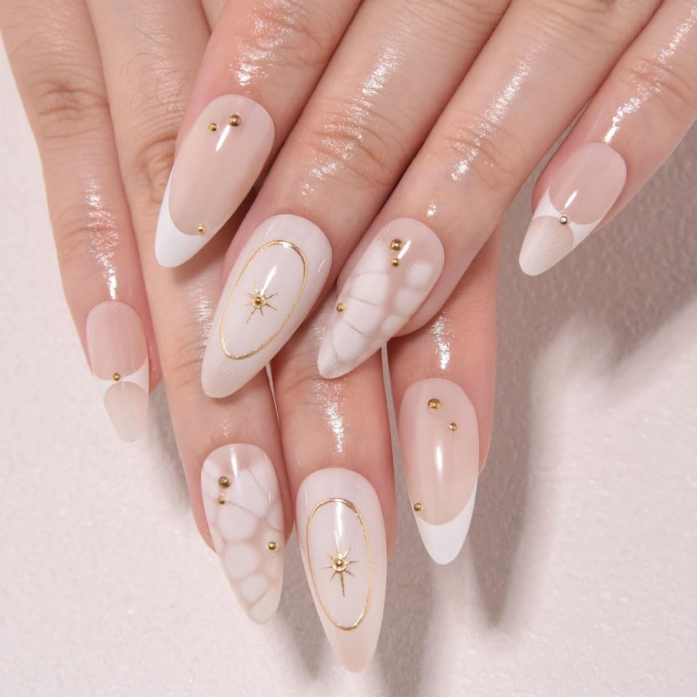 evpct Bohemian Nude White Tip Medium Almond Press On Nails