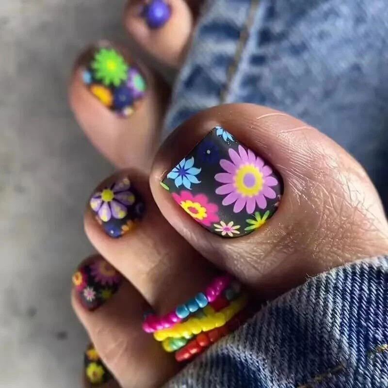 24 Pcs Summer Flowers Press on Toenails Short Square Black Colorful flowers
