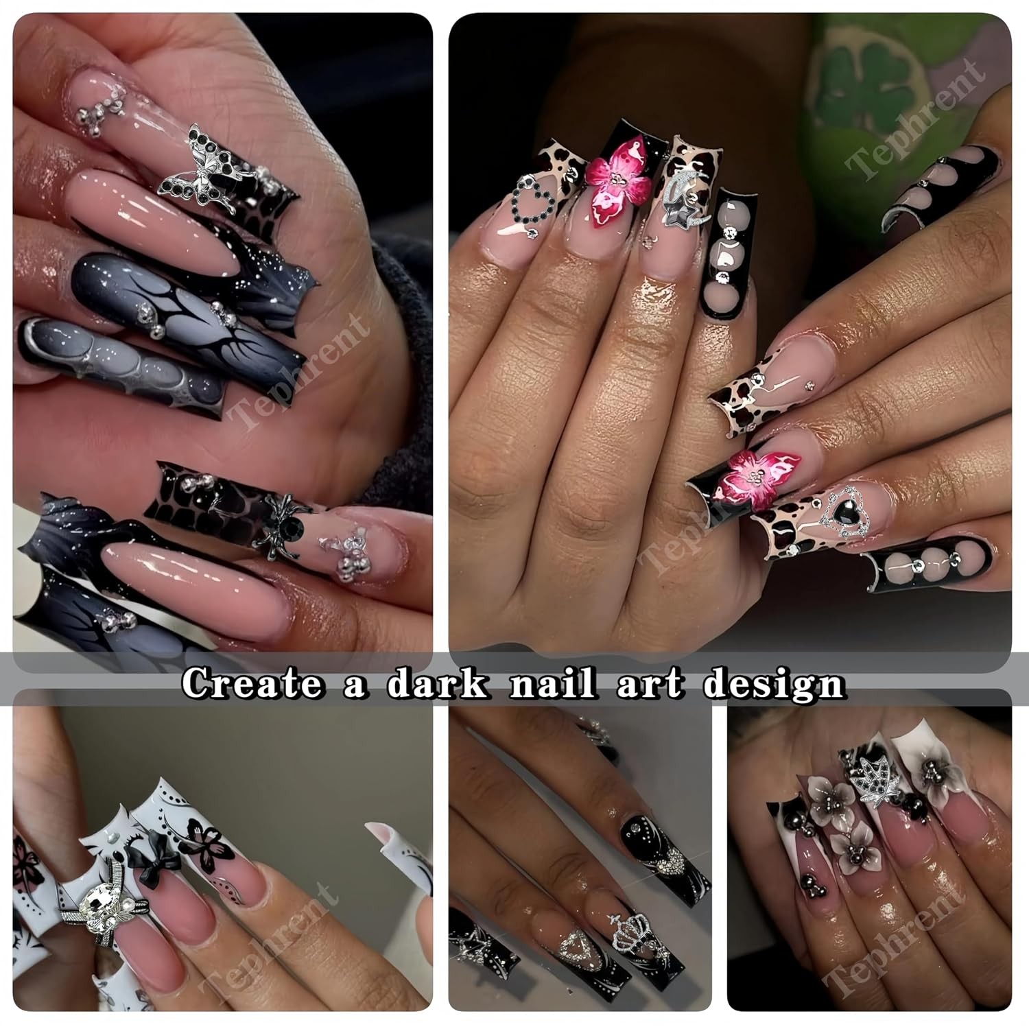 Gothic Nail Charms: 5 Boxes 12 Grids Black Bow Flower Gems for Acrylics
