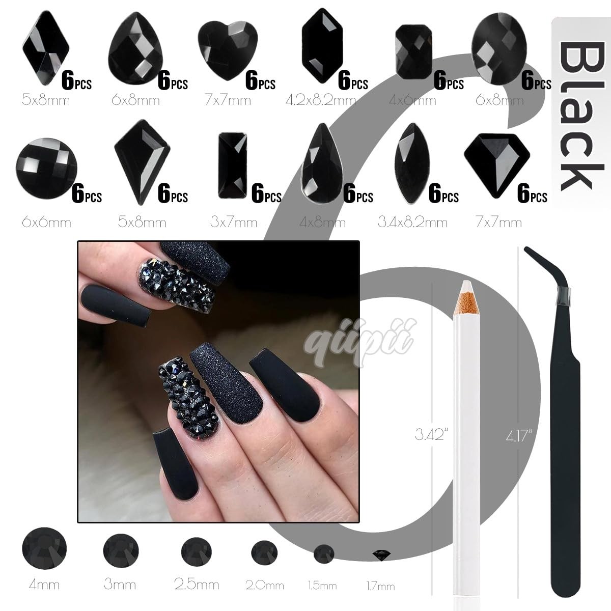 Black Nail Rhinestones Kit 3D Crystal Gems with Tweezer & Pen 2052pcs DIY Art