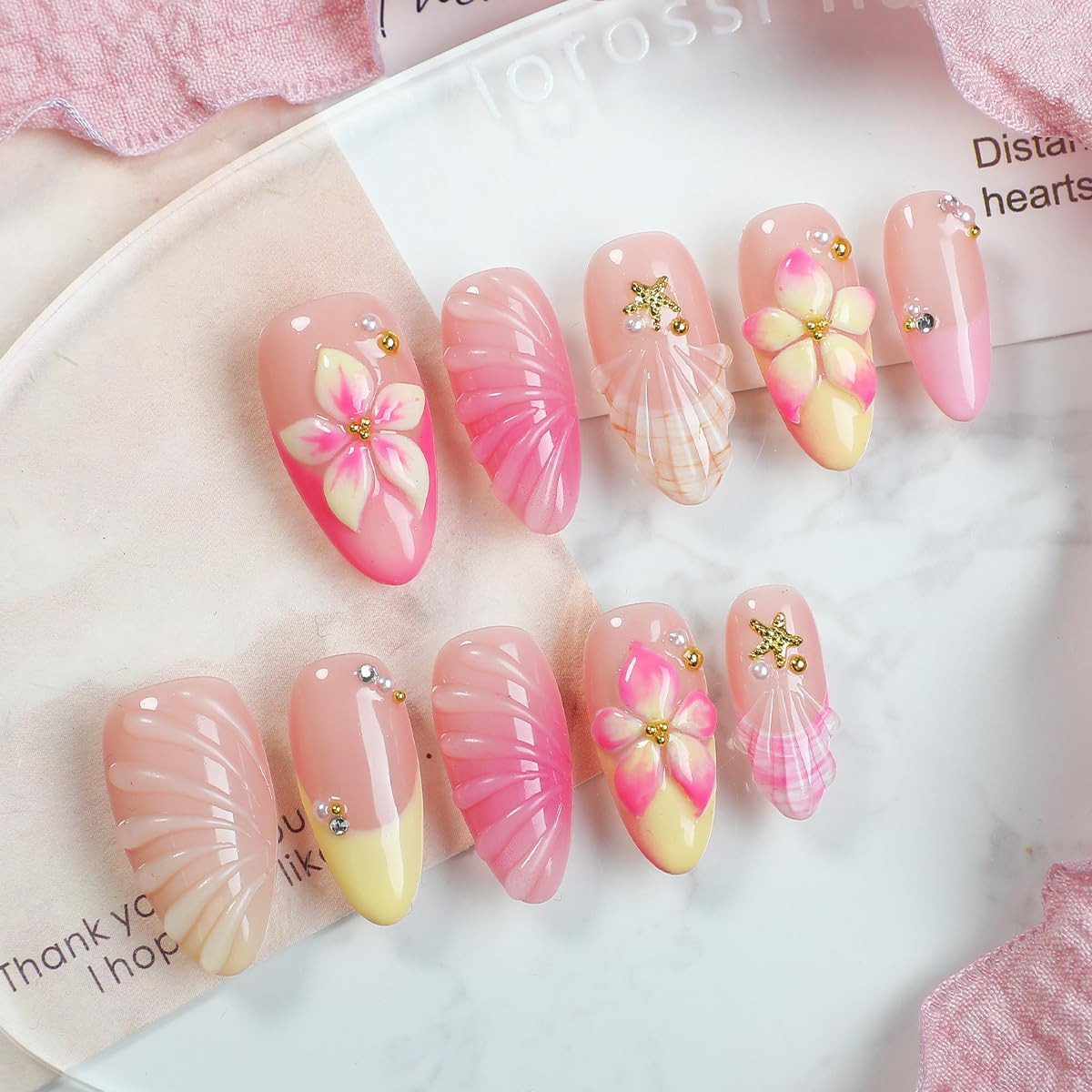 3D Flower Press on Nails Almond Summer Spring Pink Nails Press on French Fake Na