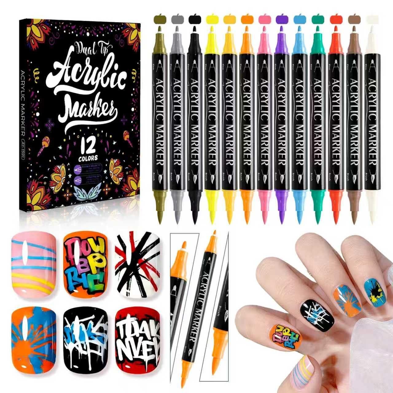 12 Colors Nail Art Pens Set – Double-Ended Acrylic Markers for Intricate Designs