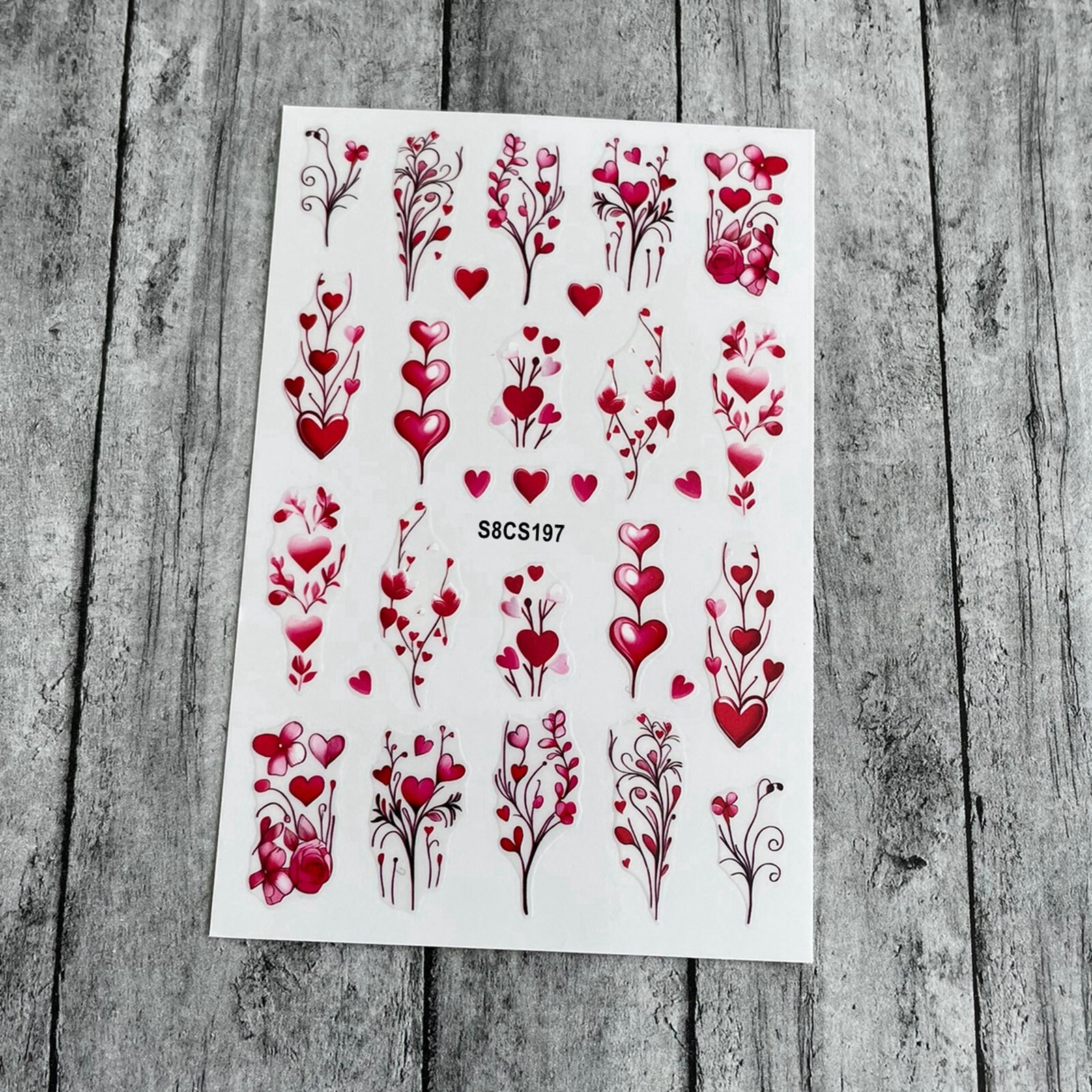 Lovely Hearts Flower Branch Nail Sticker Valentine’s Day Pink Red Hearts