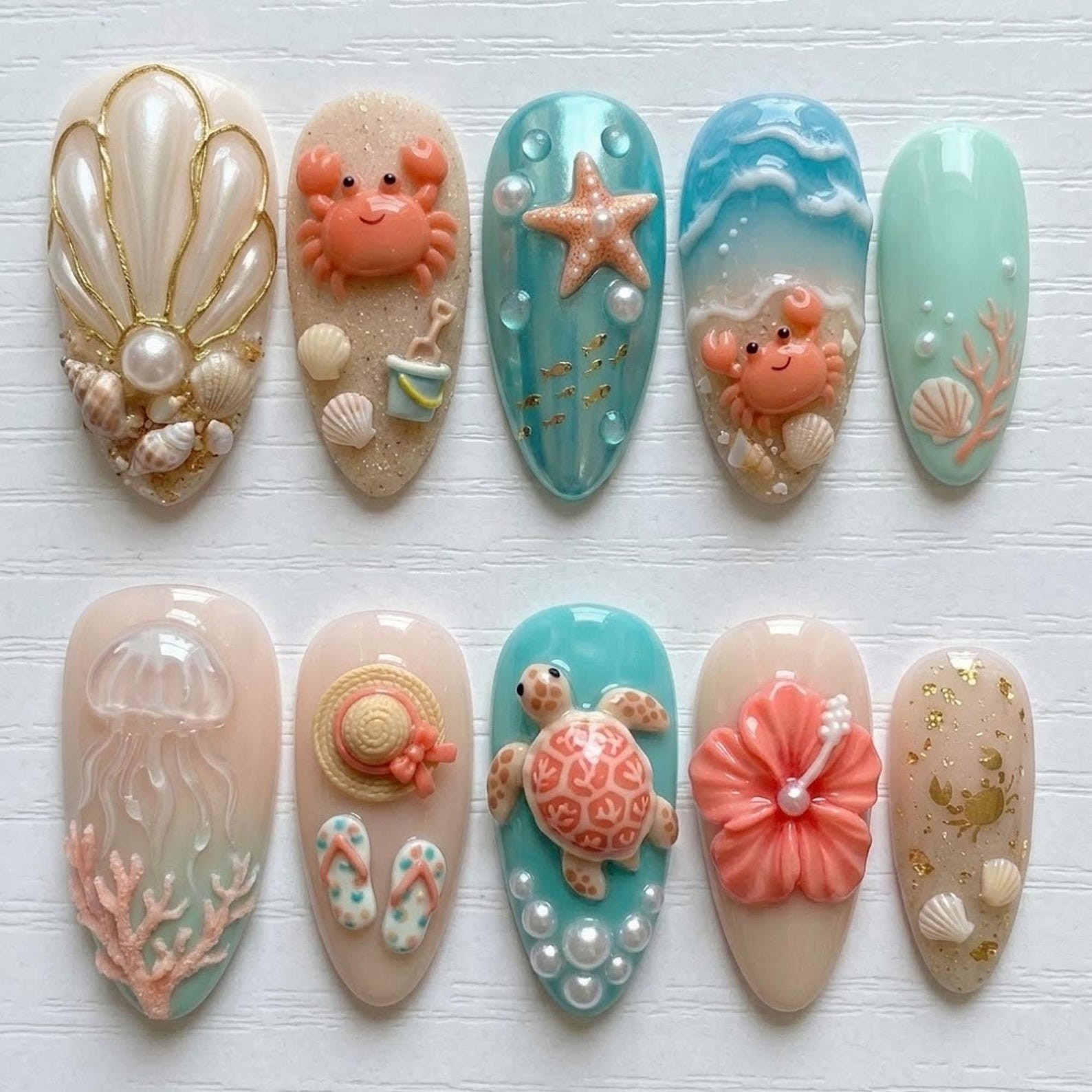 Handmade Beach Turtle Starfish Hibiscus Jellyfish Shell Almond Press On Nails