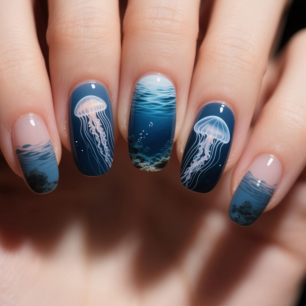 24pcs Ocean Press-On Nails: Coral, Jellyfish Mermaid Designs.Reusable Salon Art.