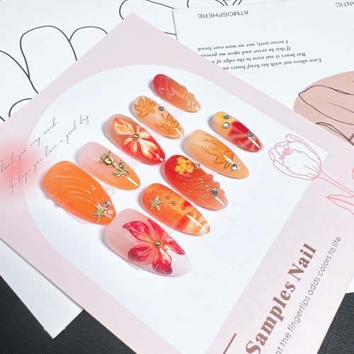 30Pcs Fall Press on Nails Medium Almond White French Tip Fall Flower Nails-14