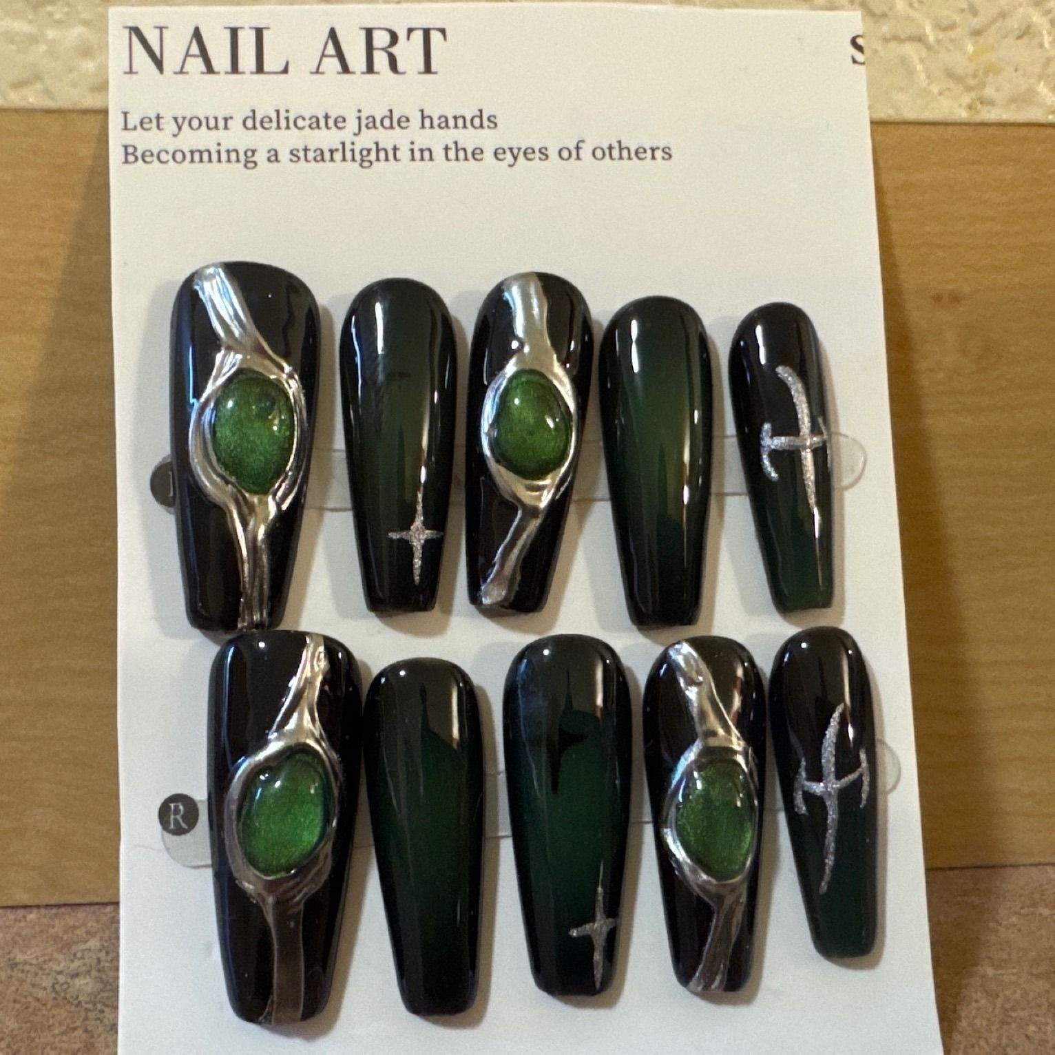 Gothic Black Green Ombre Press On Nails Silver Chrome 3D Cat Eye Gem Coffin Long