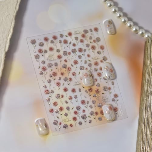 Flower Nail Stickers Rose Nail Art Decals with Gold Design 5D Embossed Color03