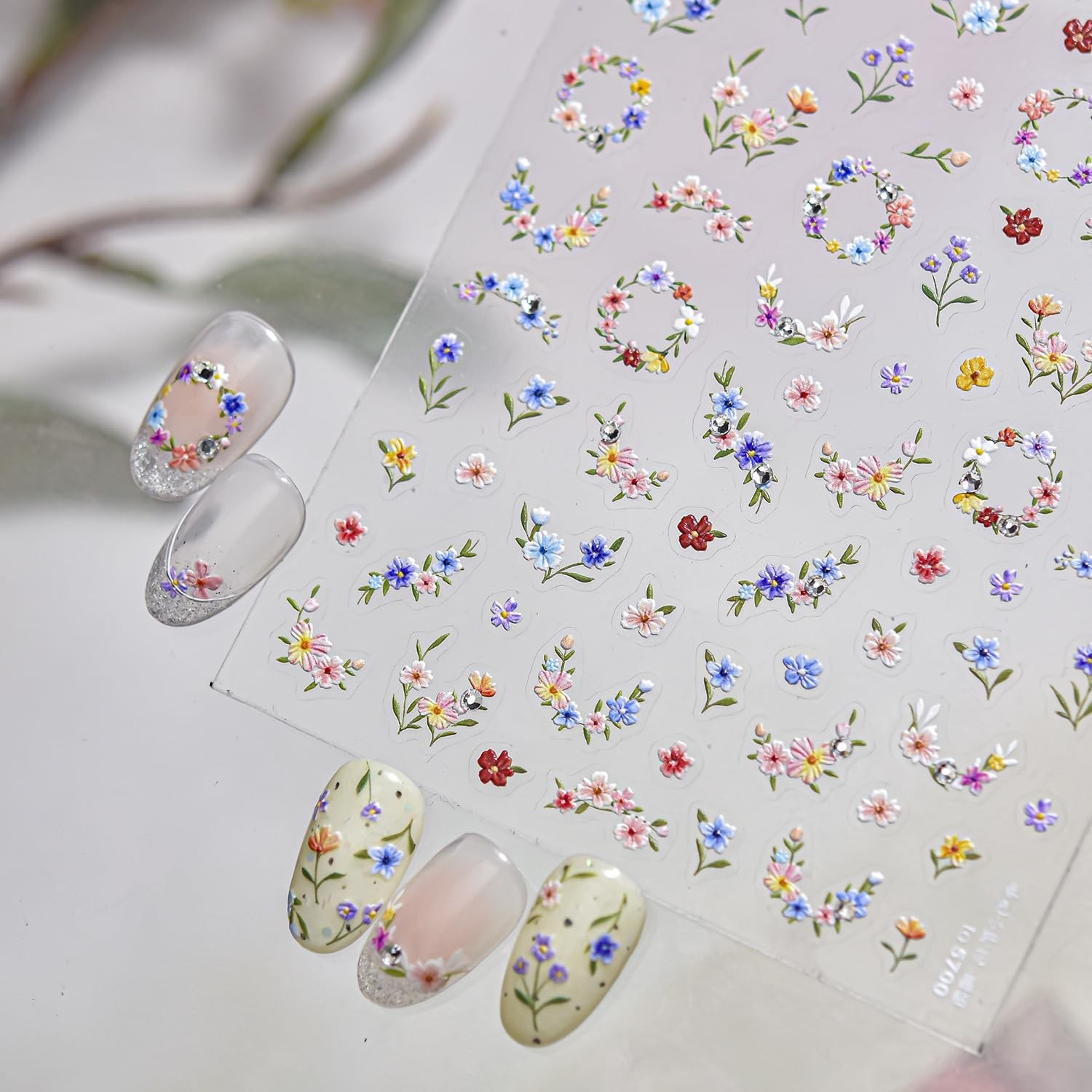 Flower Nail Stickers Pink Blue Nail Decals 1PCS -Adhesive Cute Floral Ring Na…