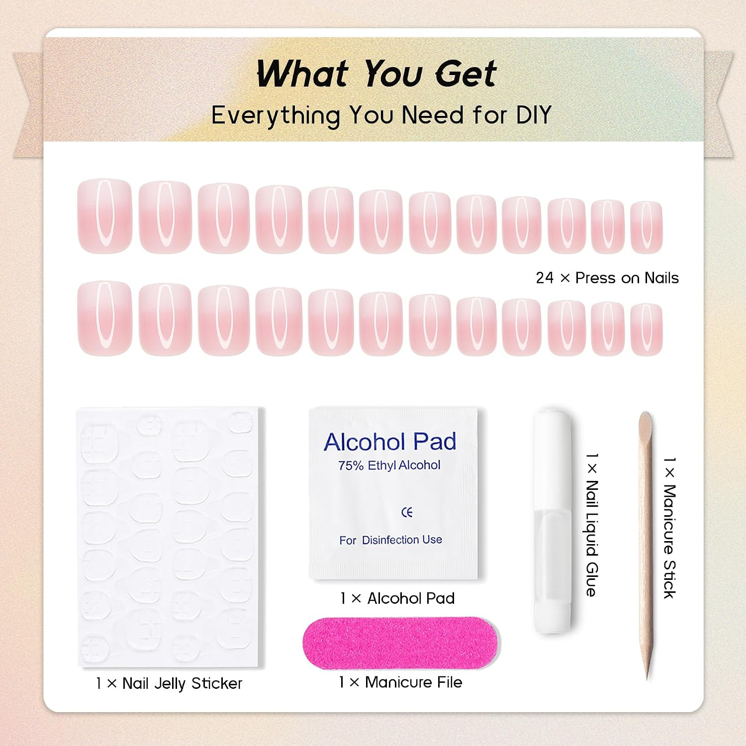 Press on Nails Square – French Ombre Pink Fake Nails Short Acrylic Full Cover Gl