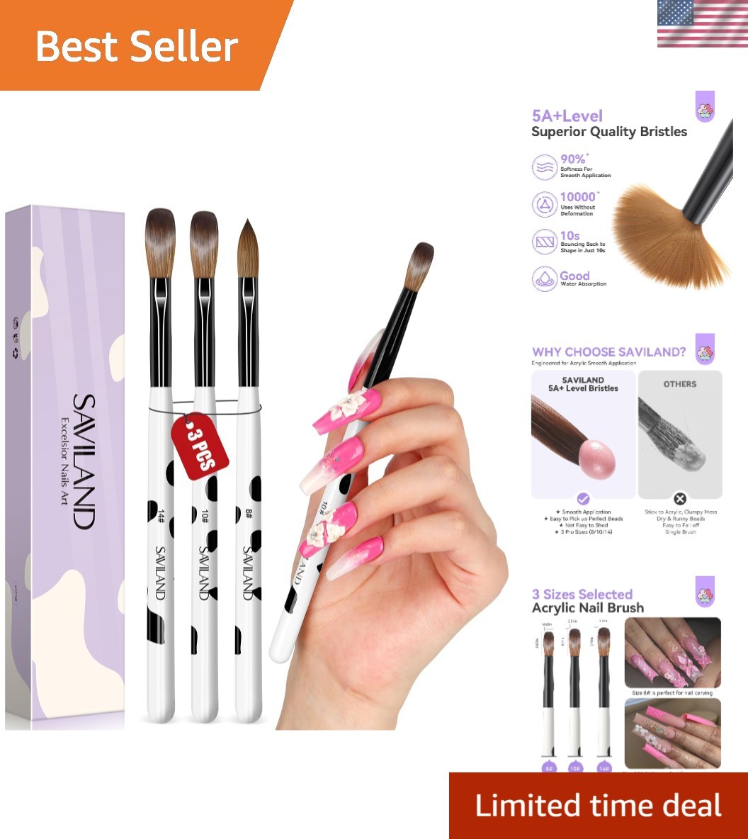 3Pcs Acrylic Nail Brush Set, Size 8/10/14 Kolinsky Acrylic Nail Brushes for Acry