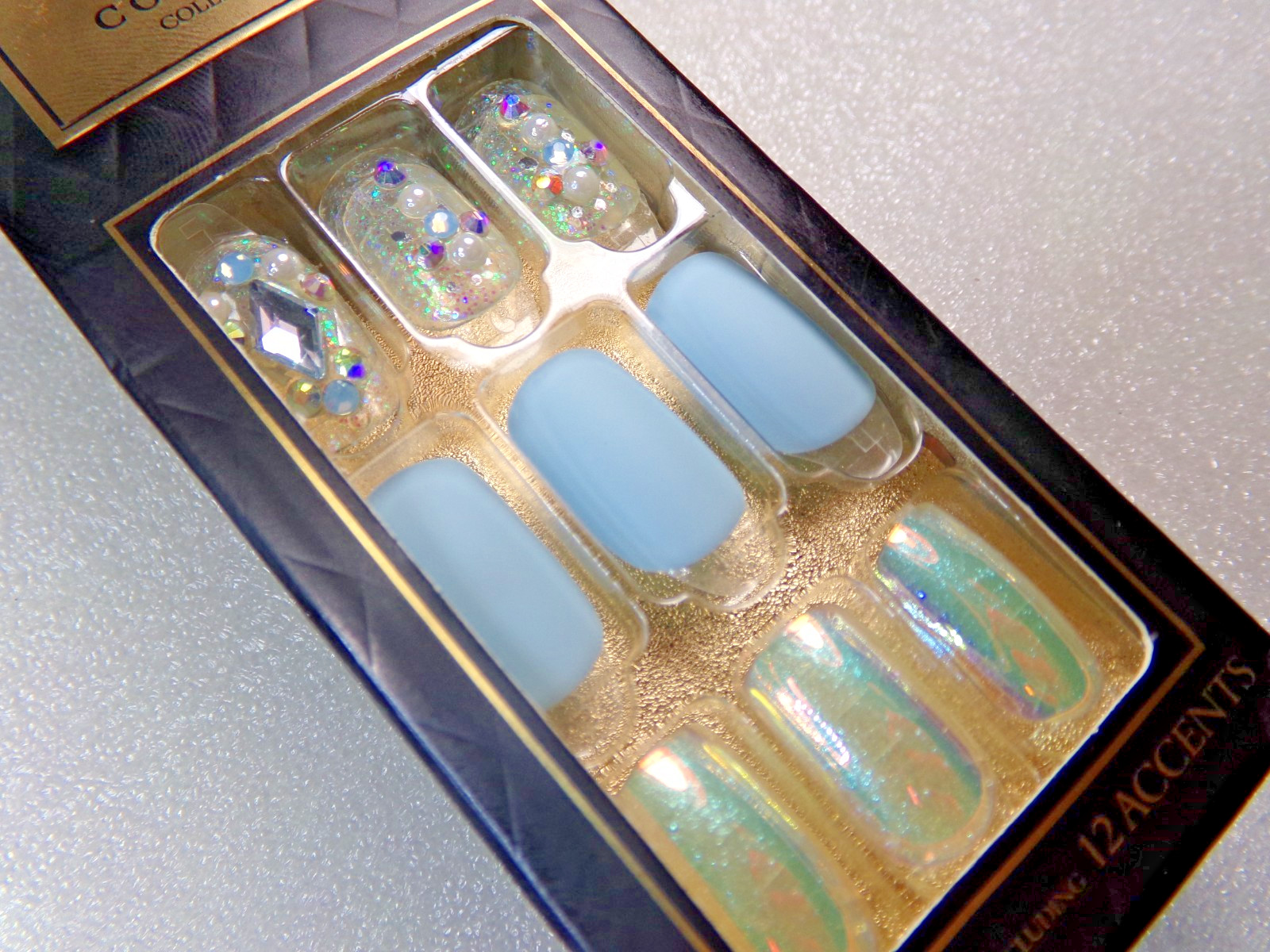 IMPRESS Couture NAILS PRESS ON Medium Matte Light Blue, Iridescent, Gems