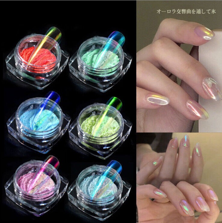 6 Boxes Nail Powder Iridescent Rainbow Glitter Pigment Powder Dust Nail Art Tips