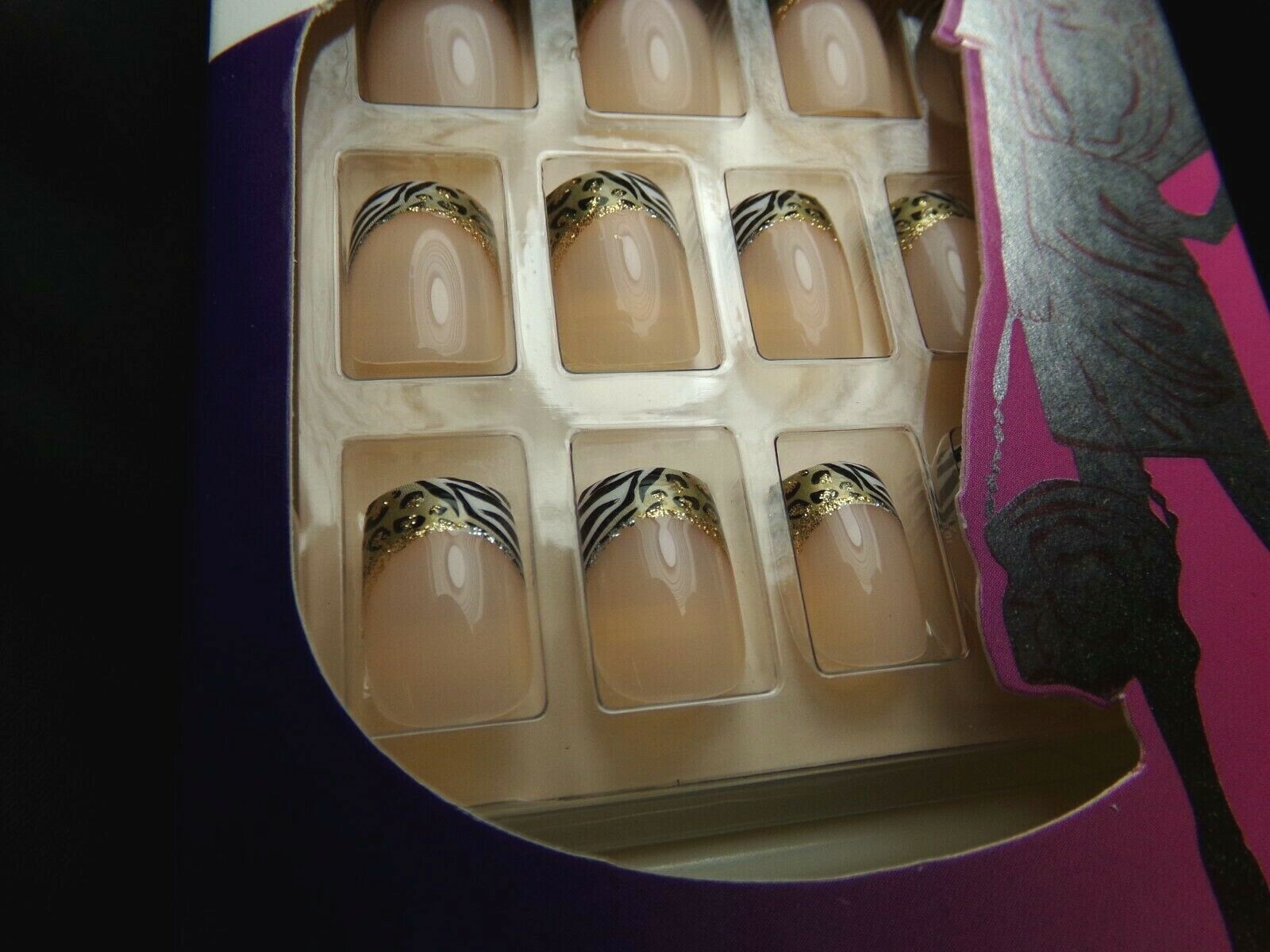 Nailene Animal French Zebra Gold Leopard Artificial Glue On Nail Short
