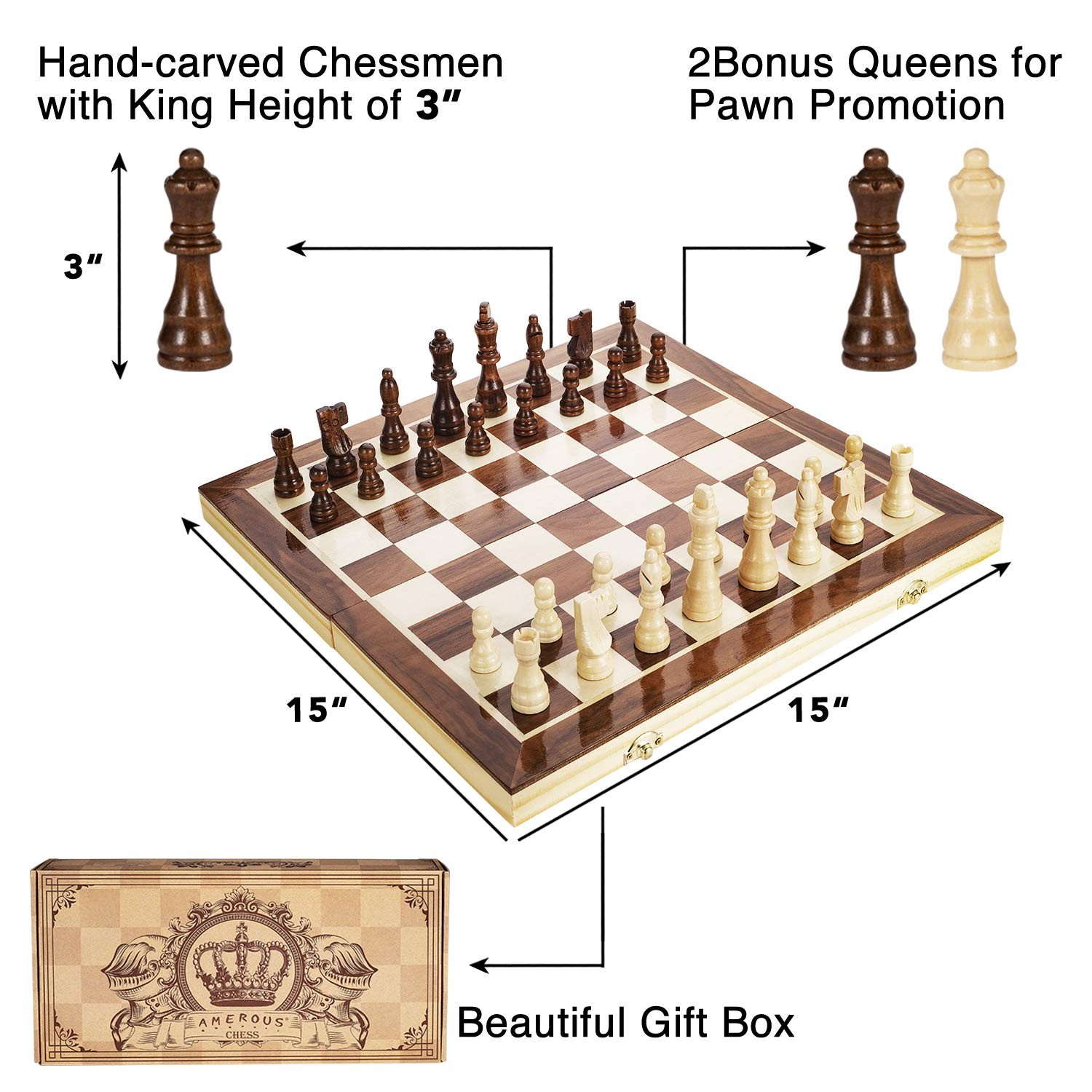 AMEROUS 15 Inches Magnetic Wooden Chess Set – 2 Extra 15 inches, Bronze