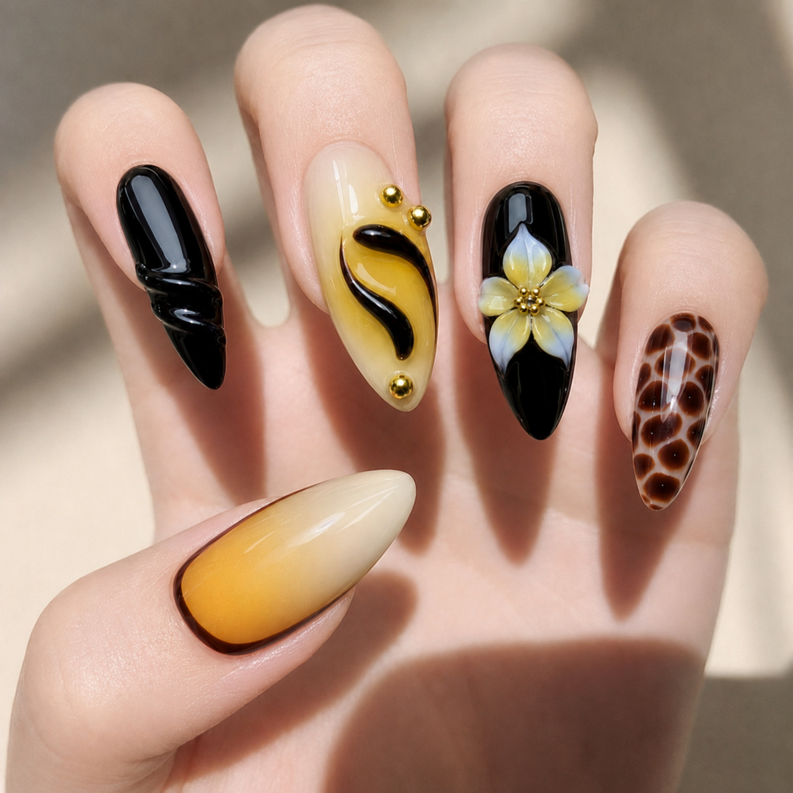 Handmade Black Amber 3D Floral Leopard Press On Nails Custom Set