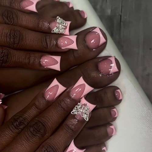 48Pcs Pink French Tips Press on Toenails Short Duck Press on Nails pattern21