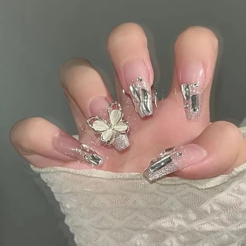 24pcs Bling Bling Butterfly Long Coffin Fake Nail – Press On Nails