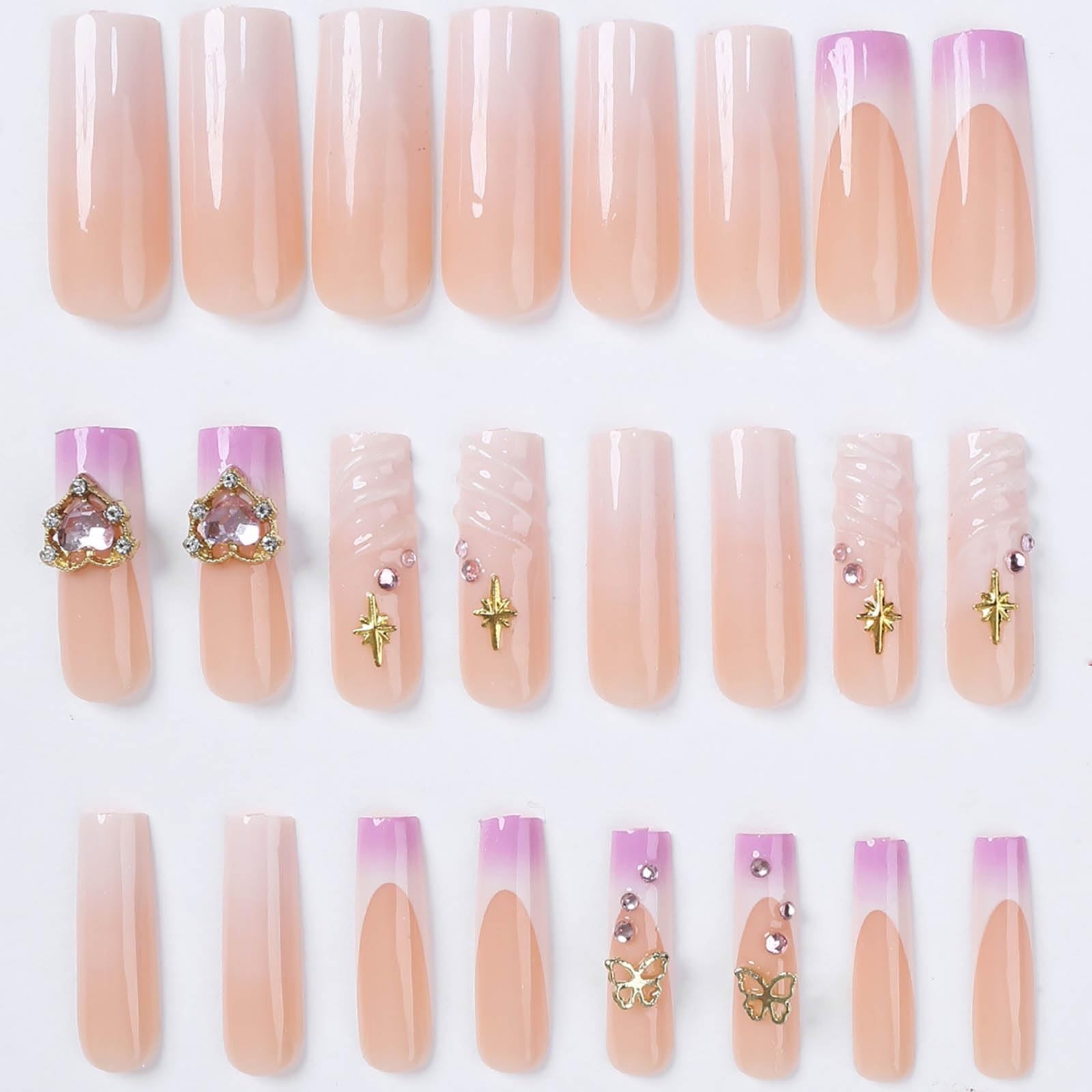 Pink Gradient Heart Butterfly Gold Star Long Duckbill Press On Nails