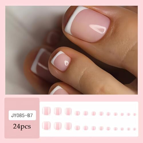 French Tip Press on Toenails Short Square Pink Fake Toe Nails Summer design2