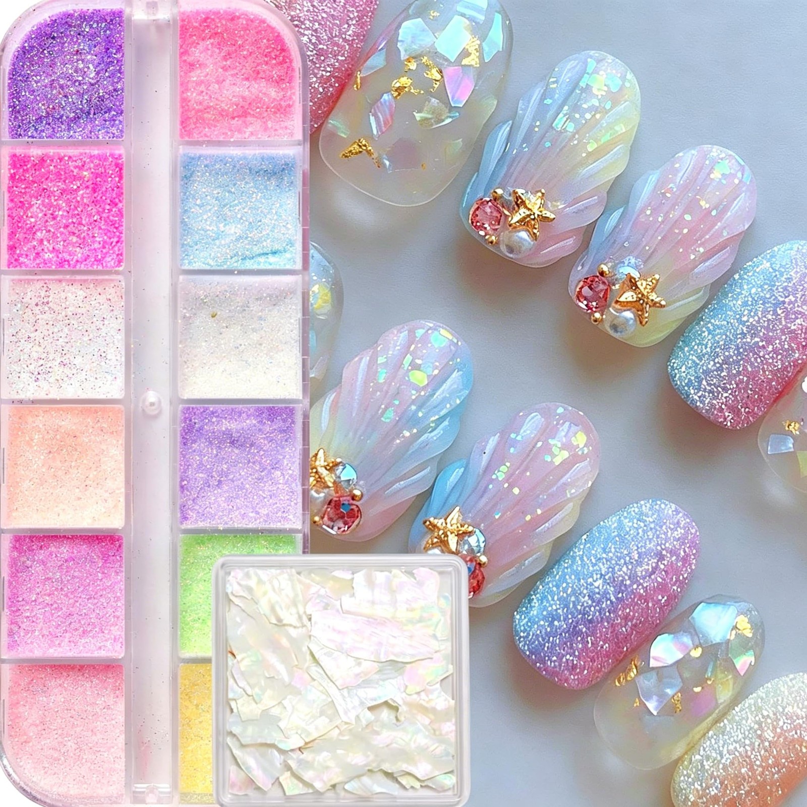 12 Colors Sugar Nail Glitter Set With Natural Abalone Shell Flakes, Holograph…