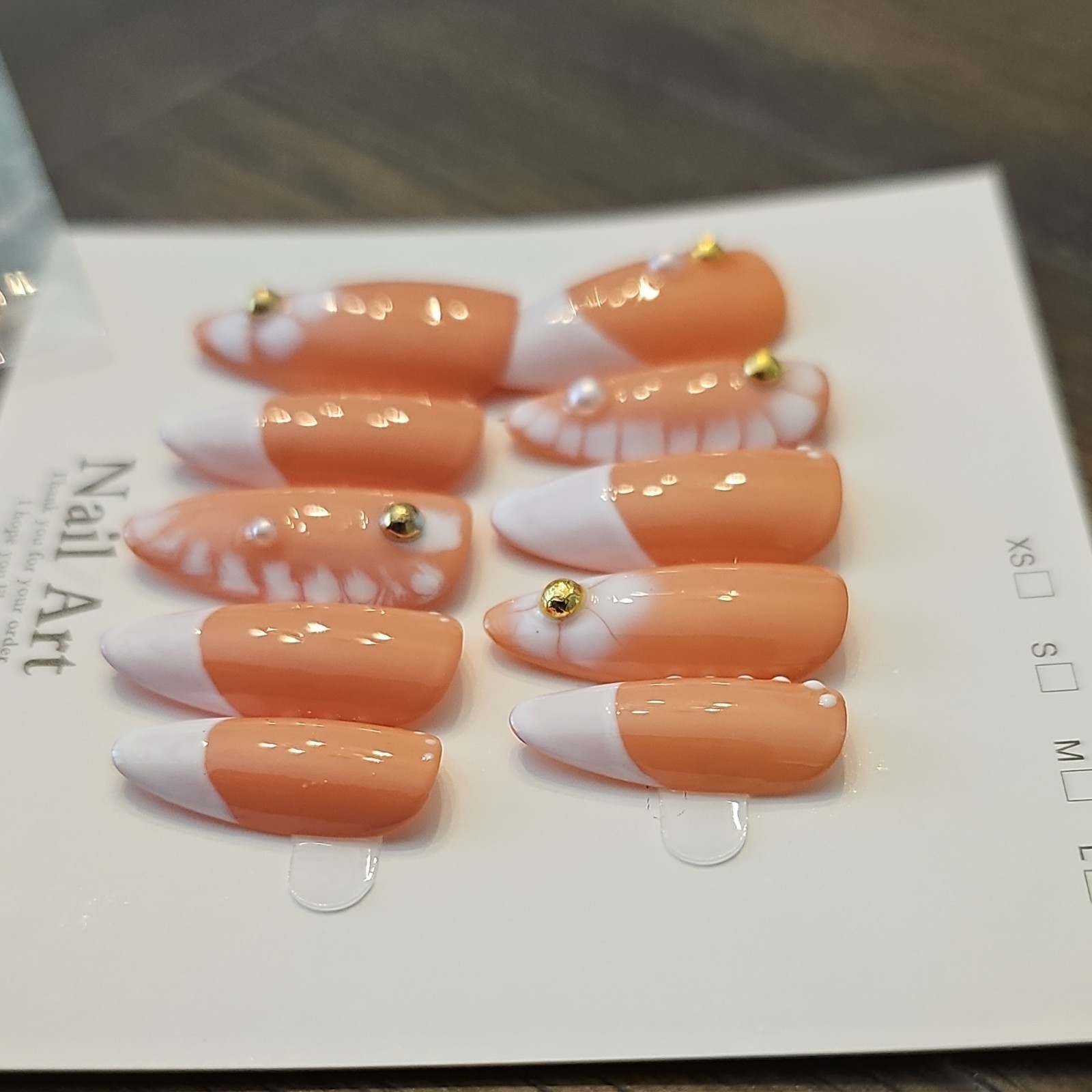 Press-On Nails Large, Medium Length Almond White French Floral