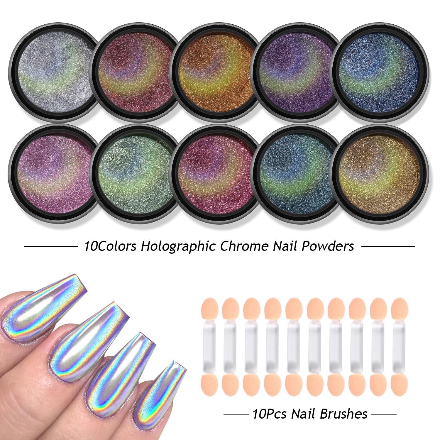 Furtherpretty Holographic Chrome Nail Powder, 10 Colors Metallic Mirror Effec…