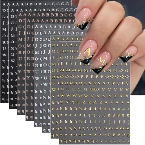 Letter Nail Stickers for Nail Art 3D Holographic Gold Silver Nail Decals Self
