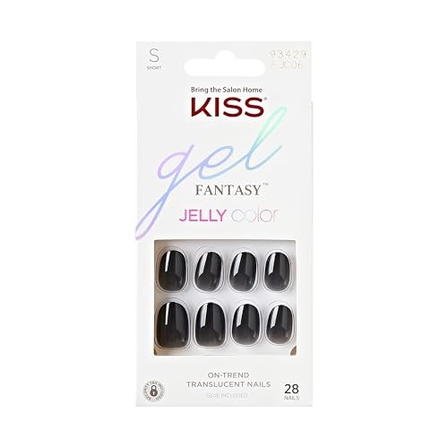 KISS Gel Fantasy Press-On Nails, Jelly Queen Black Short Oval, 28 Nails + Glue