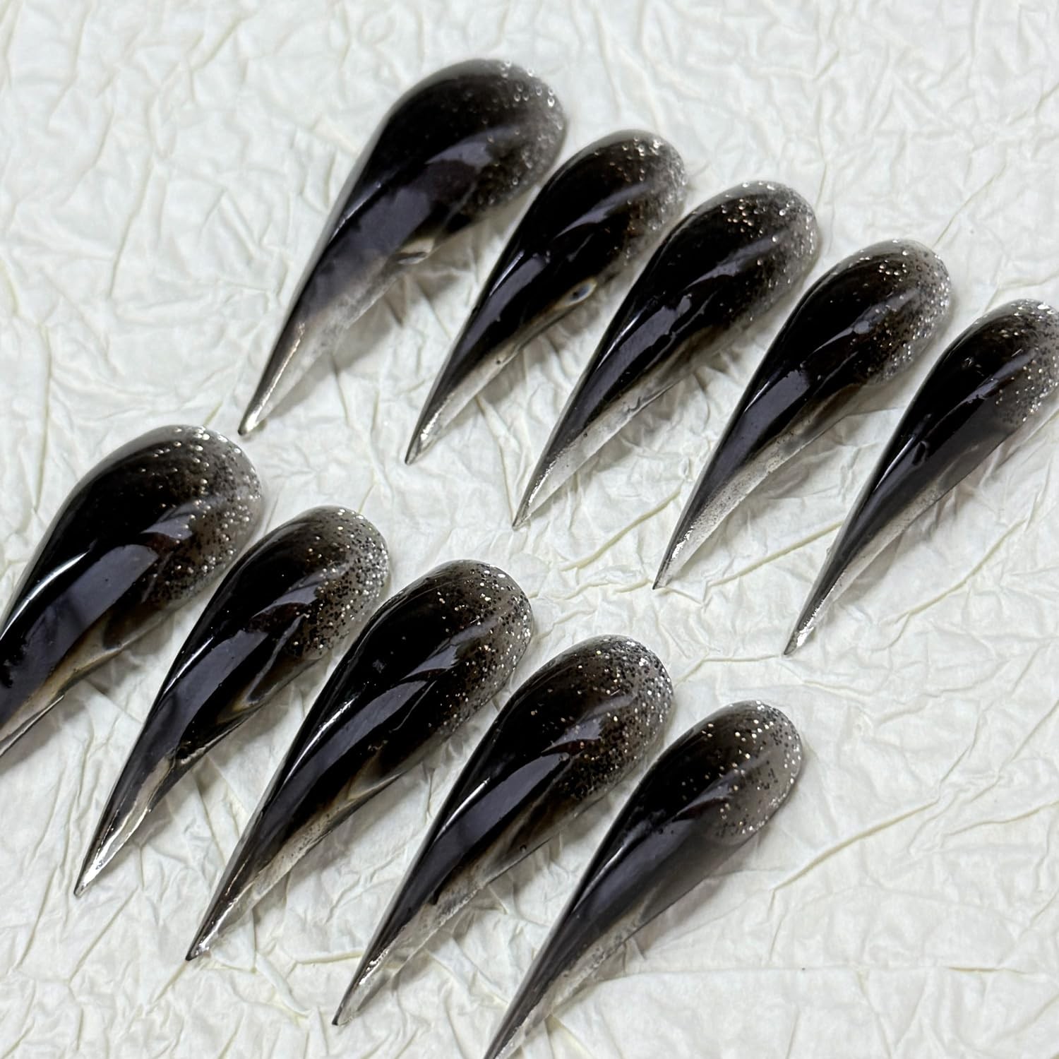 10 Pcs Glitter Handmade Press on Nails Transparent Black Long Dragon Claw Han…