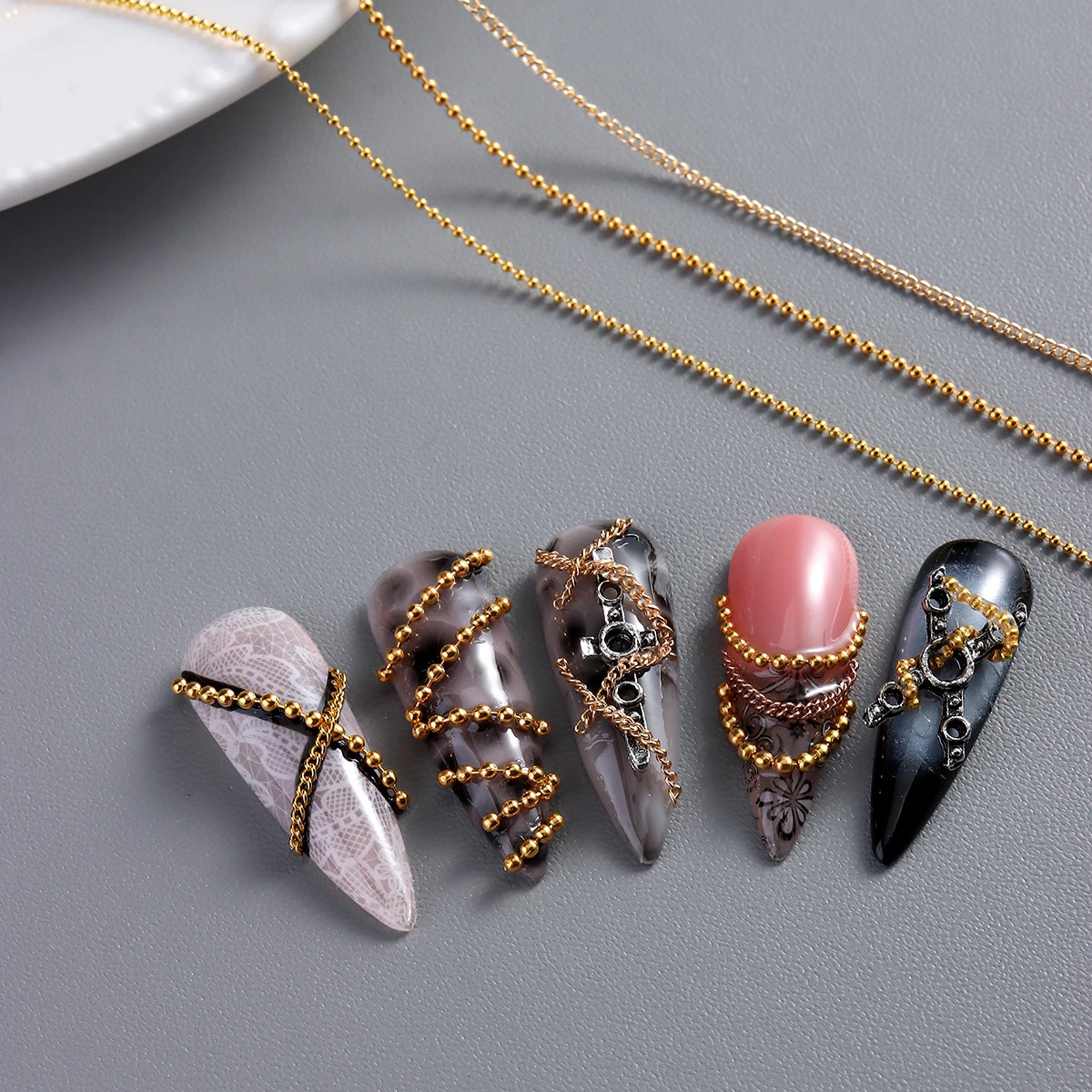 3D Metal Nail Art Chains Gold Silver Nail Decoration Personality Nail Jewelry