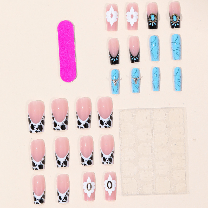 48Pcs-Long Coffin Western Cow Print Turquoise 3D Flower Press on Nails Set
