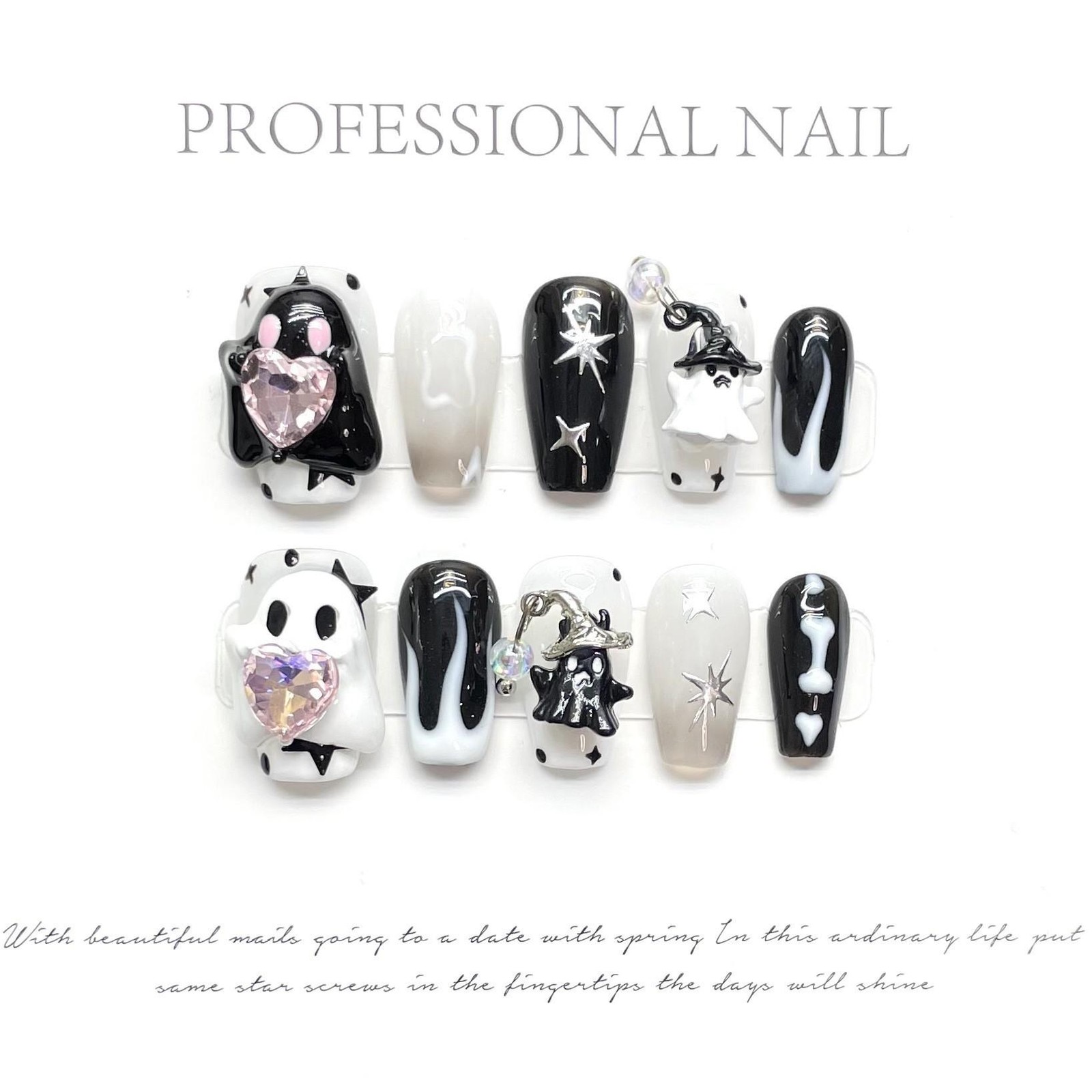 Handmade Halloween Funny 3D Skull Cartoon Ghost Face Fake Nail Press On Nail Set
