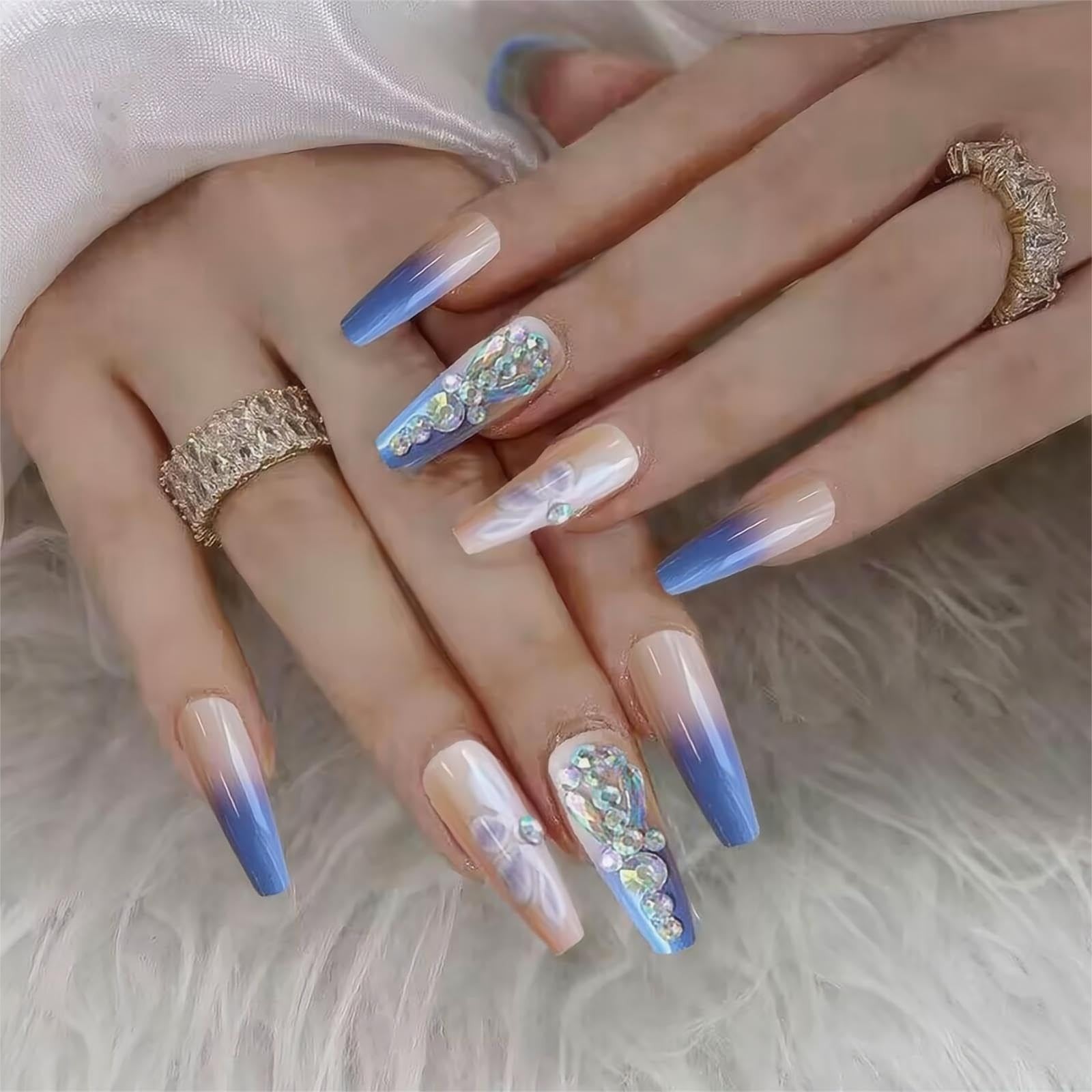 Blue Ombre French Tip Press On Nails with AB Rhinestones