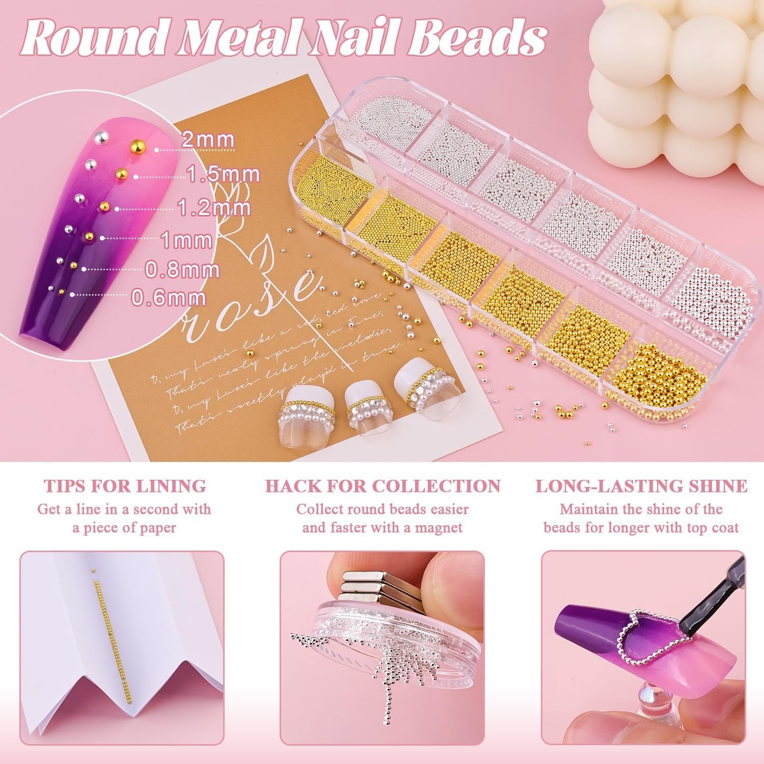 Luxurious Nail Art Set: Flatback Pearls & Metal Beads for Stunning Designs