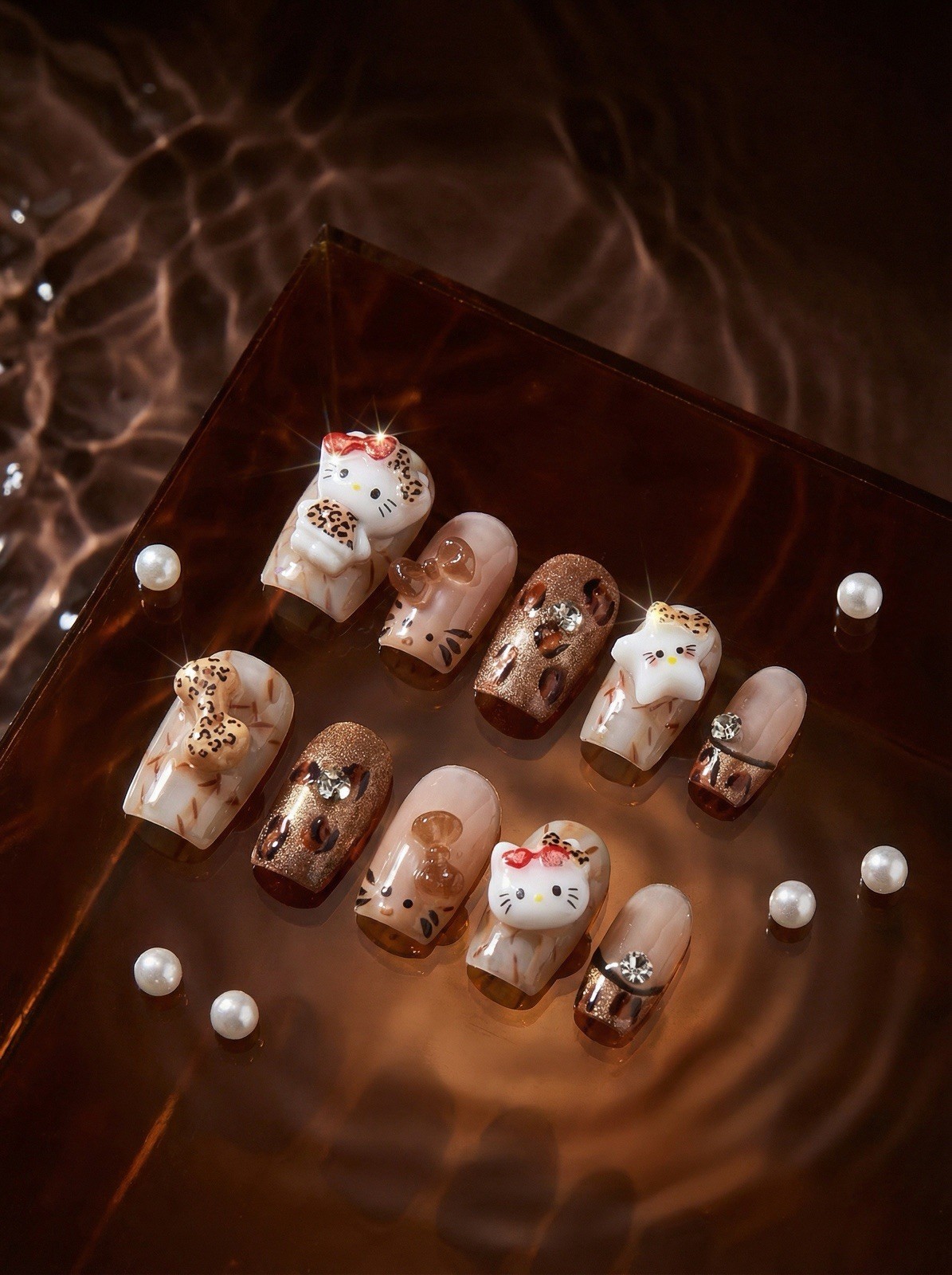 Handmade Hello Kitty Leopard Print Press On Nails Short Square Nude Brown Cat